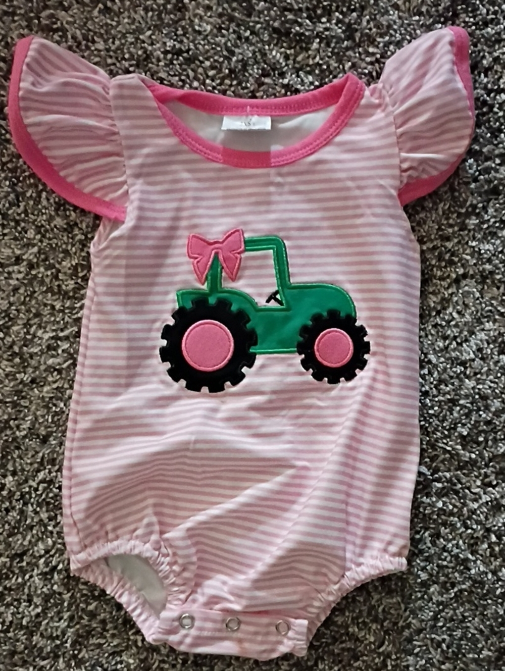 Pink Striped Baby One-Piece Bodysuit with Green Tractor Applique